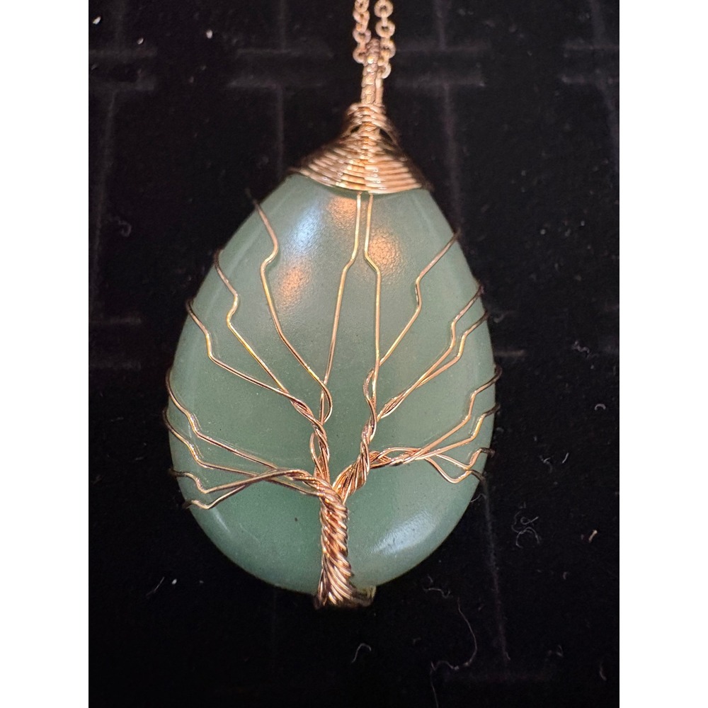 Green Aventurine Tree of Life Wire Wrapped Pendant Necklace Gold Tone Boho